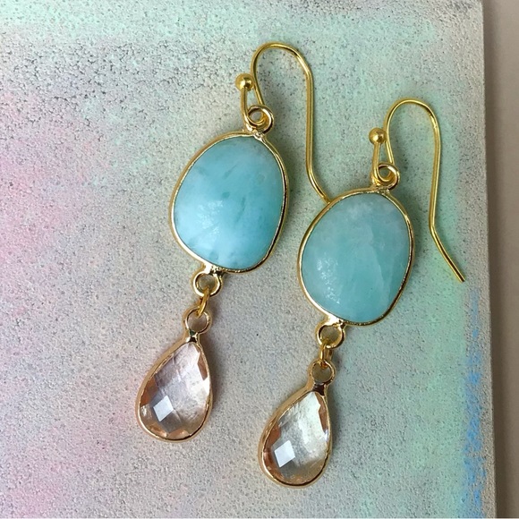 New Sundance charm blue Larimar clear quartz gold plated Earrings - Picture 4 of 7